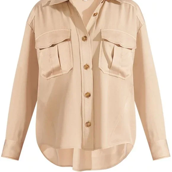 Veronica Beard M Luxe Crepe Button Down Blouse Long Sleeve Shirt Sand size 6 - Picture 4 of 16